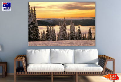 Snow Covered Trees & Mountain Sunset Photograph Print 100% Australian Made