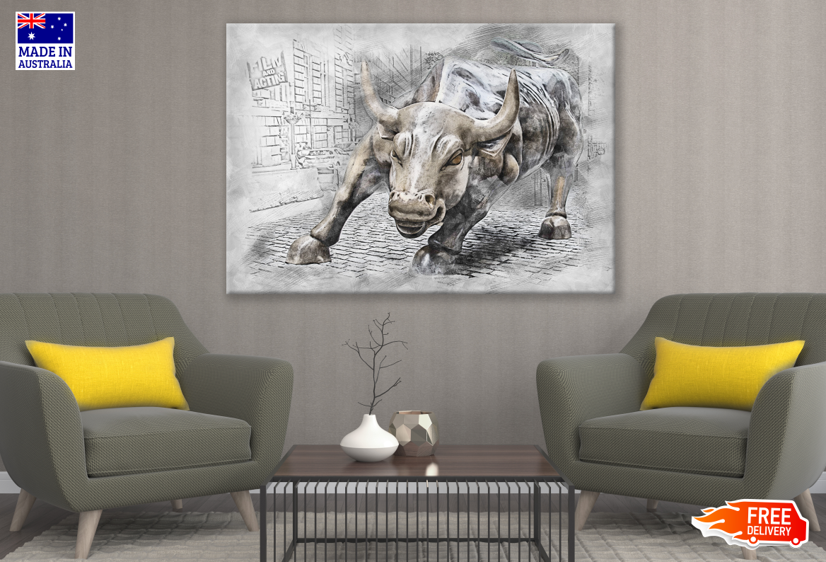 Running Bull Statue on Street B&W Painting Print 100% Australian Made