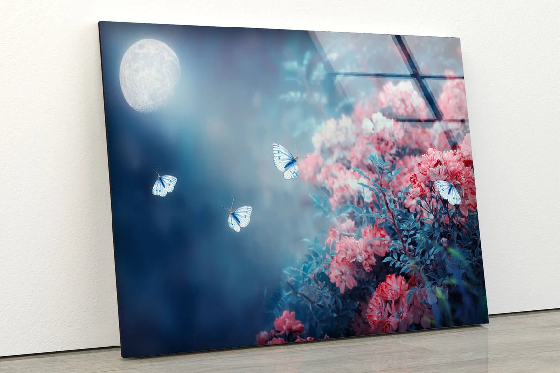 Moon Butterflies & Pink Flowers Photograph Acrylic Glass Print Tempered Glass Wall Art 100% Made in Australia Ready to Hang