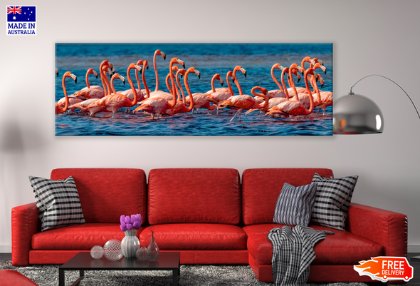 Panoramic Canvas Flamingos on Water High Quality 100% Australian made wall Canvas Print ready to hang