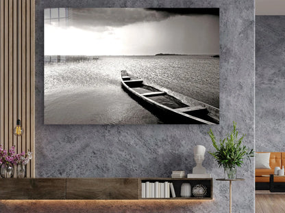 B&W Lonely Boat Lake Print Tempered Glass Wall Art 100% Made in Australia Ready to Hang