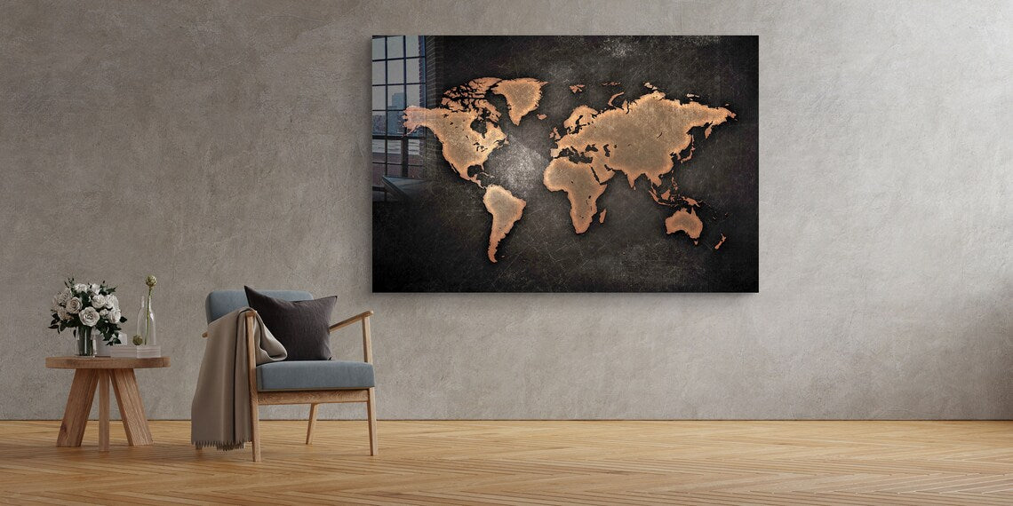 Brown World Map Vector Print Tempered Glass Wall Art 100% Made in Australia Ready to Hang