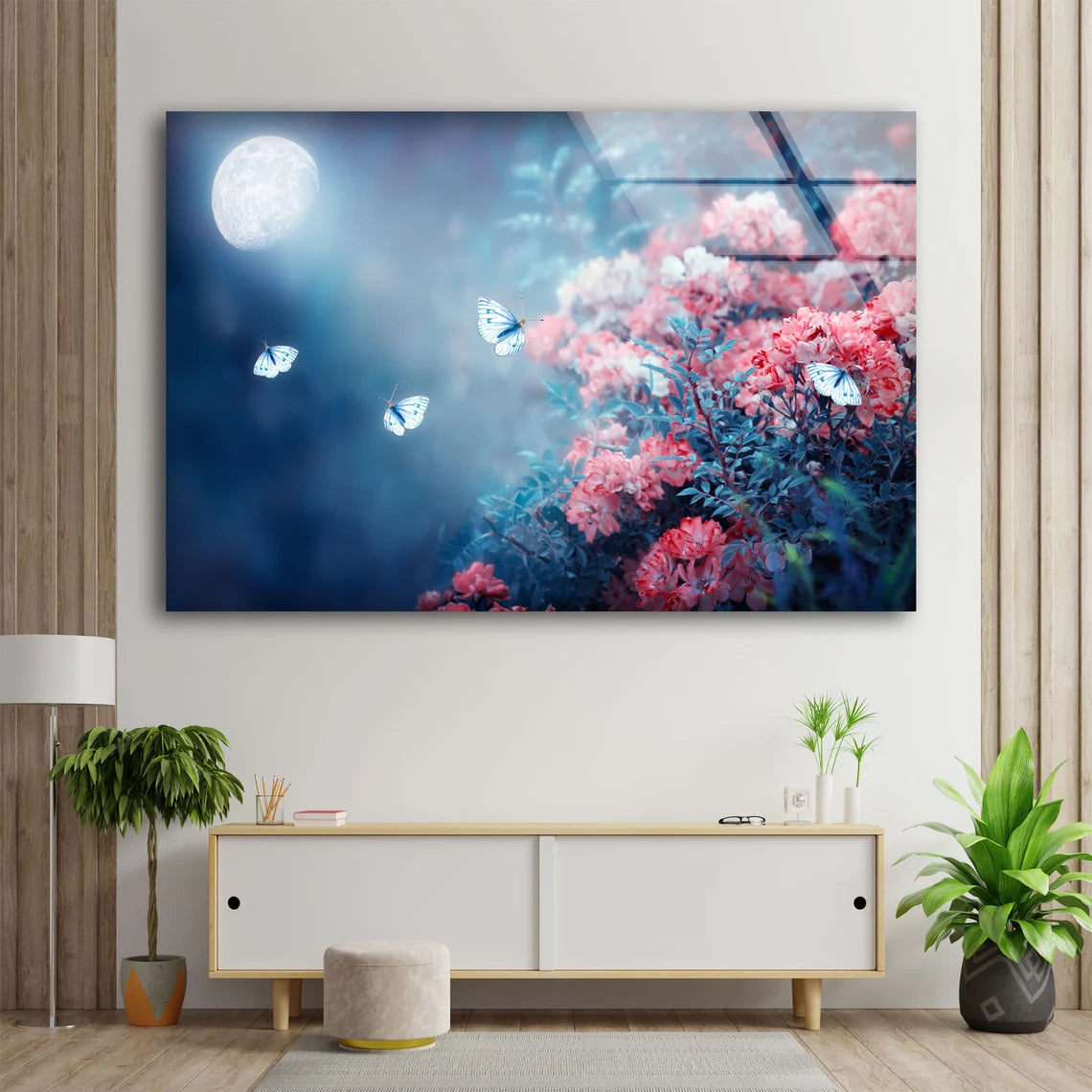 Moon Butterflies & Pink Flowers Photograph Acrylic Glass Print Tempered Glass Wall Art 100% Made in Australia Ready to Hang