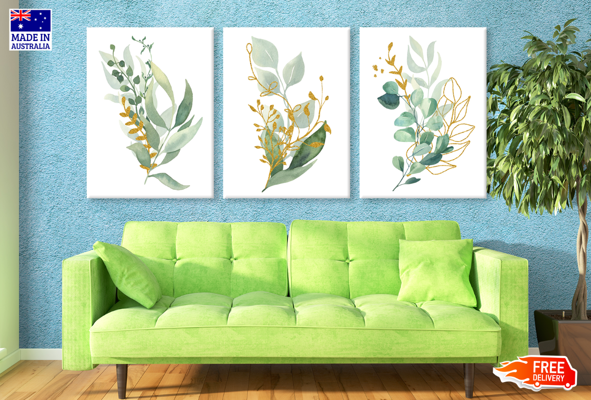 3 Set of Leaves Painting Gold High Quality print 100% Australian made wall Canvas ready to hang