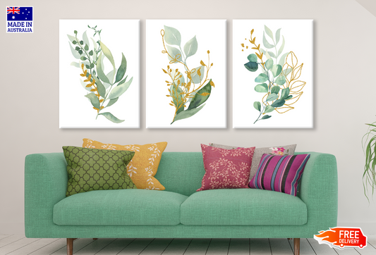 3 Set of Leaves Painting Gold High Quality print 100% Australian made wall Canvas ready to hang