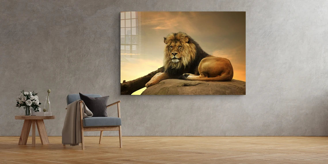 Lion on Rock Sunset Sky Print Tempered Glass Wall Art 100% Made in Australia Ready to Hang