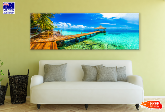 Panoramic Canvas Beach Wooden Pier Hut High Quality 100% Australian made wall Canvas Print ready to hang