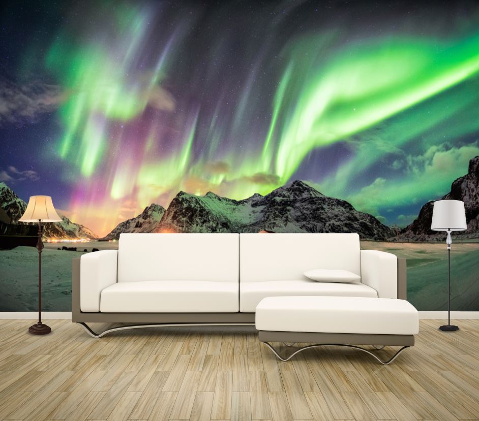 Wallpaper Murals Peel and Stick Removable Aurora Above Snow Capped Mountains High Quality