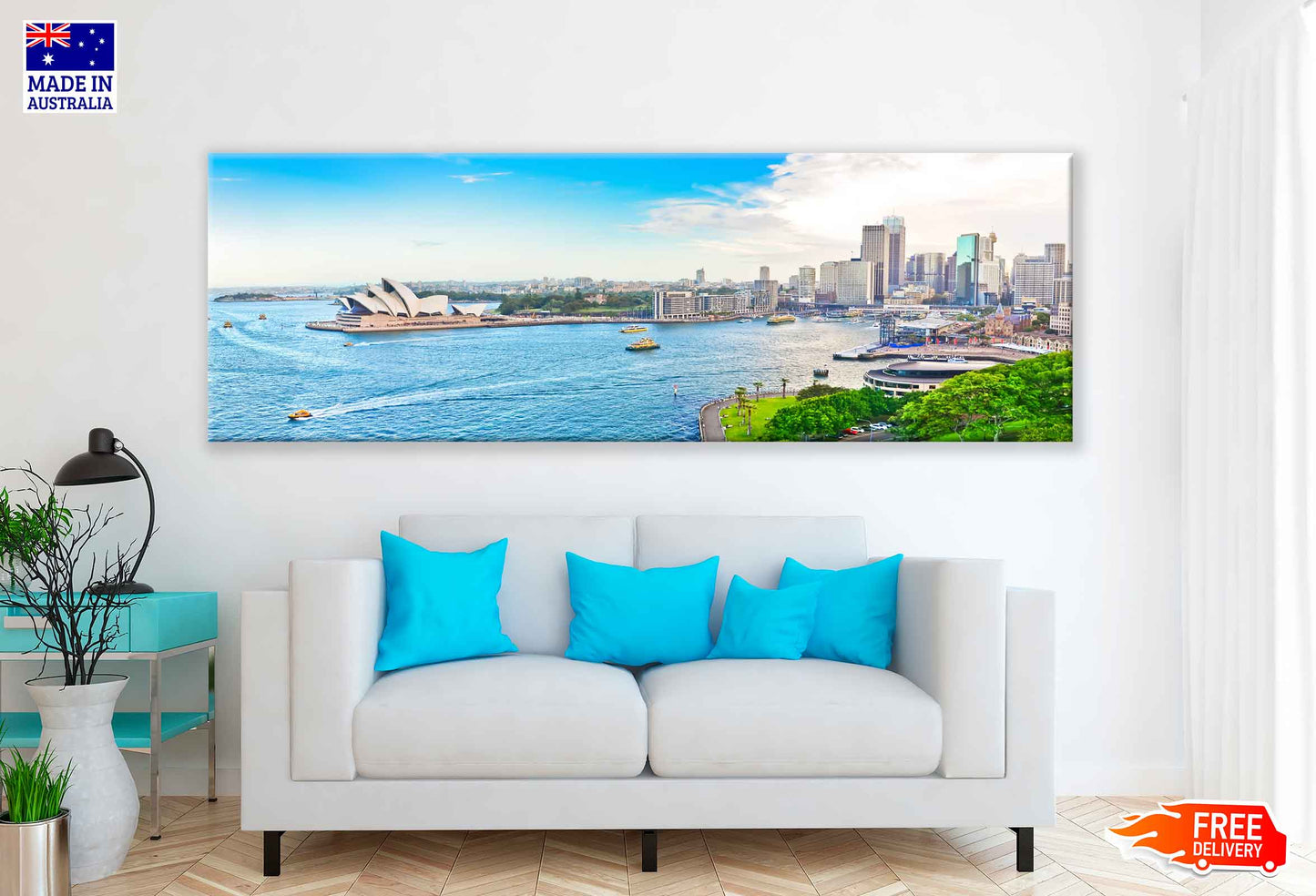 Panoramic Canvas Sydney Harbour View With Boats High Quality 100% Australian Made Wall Canvas Print Ready to Hang