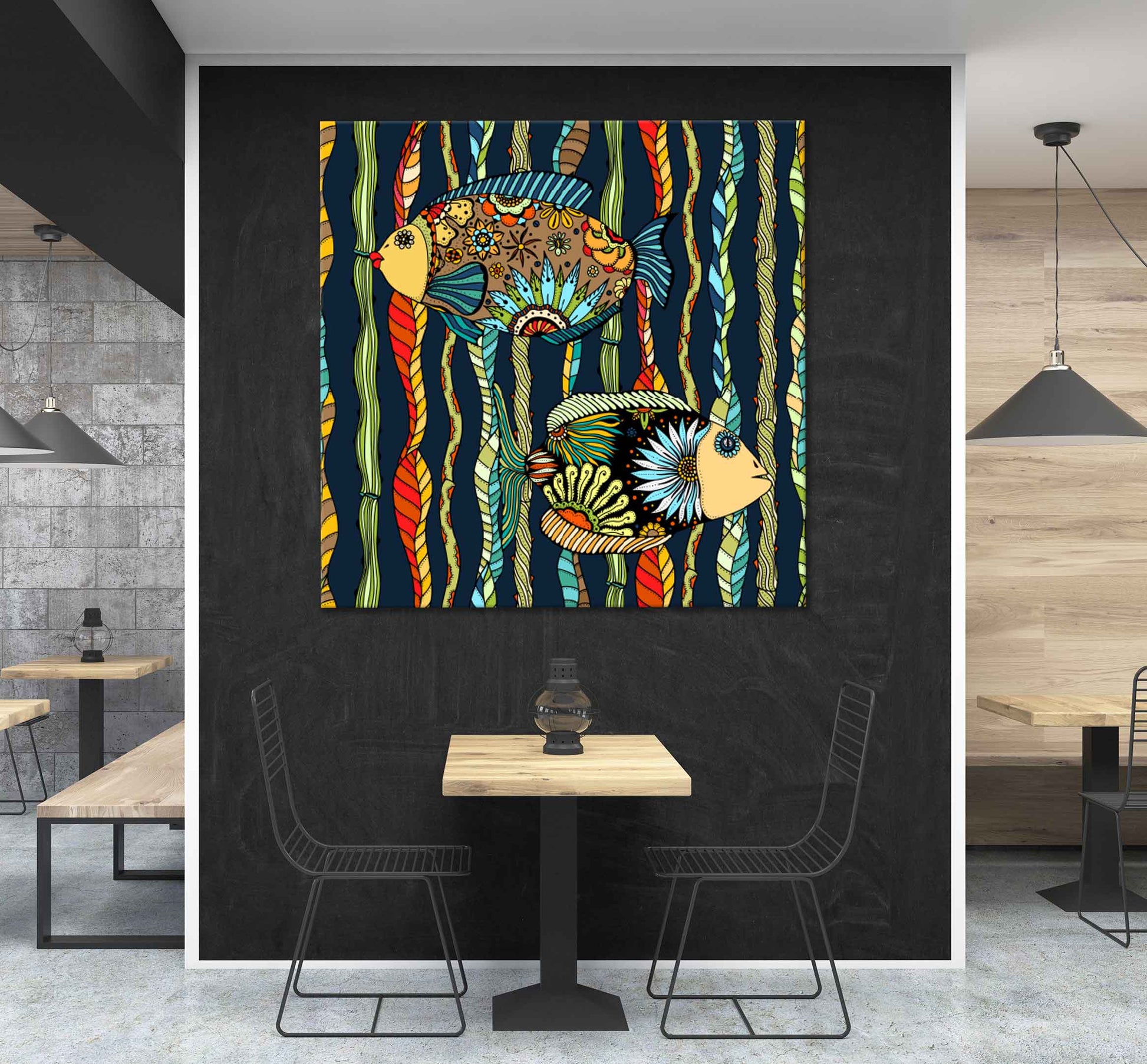 Square Canvas Fish with Colorful Leaves Art High Quality Print 100% Australian Made