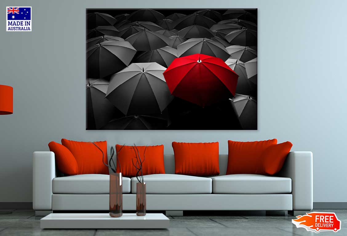 Black Umbrellas with Red B&W View Photograph Print 100% Australian Made