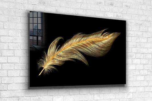 Dark Golden Feather Print Tempered Glass Wall Art 100% Made in Australia Ready to Hang