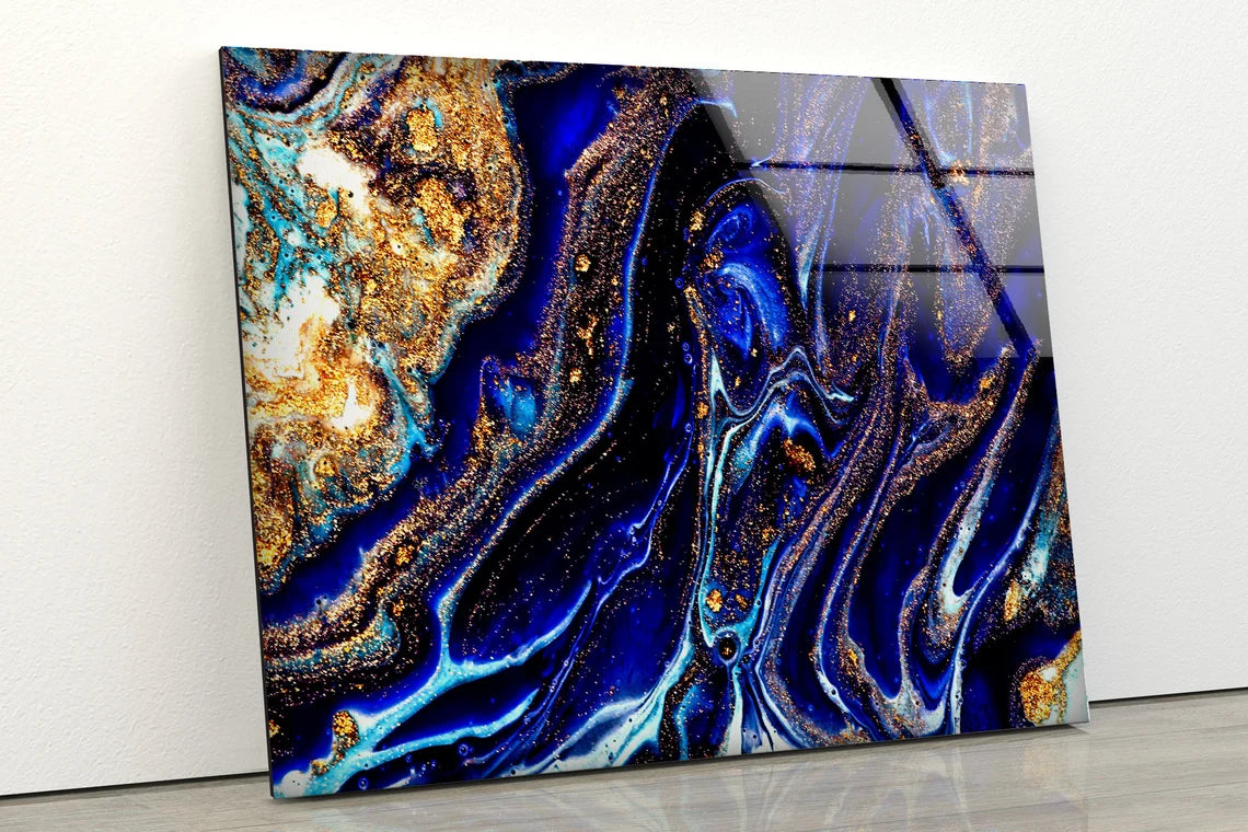 Blue Gold & White Abstract Design Acrylic Glass Print Tempered Glass Wall Art 100% Made in Australia Ready to Hang