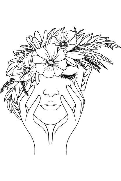 Woman Flower Crown B&W Line Art Design Print 100% Australian Made