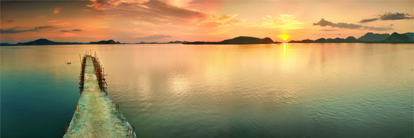 Panoramic Canvas Pier Over Lake Sunset Photograph High Quality 100% Australian made wall Canvas Print ready to hang