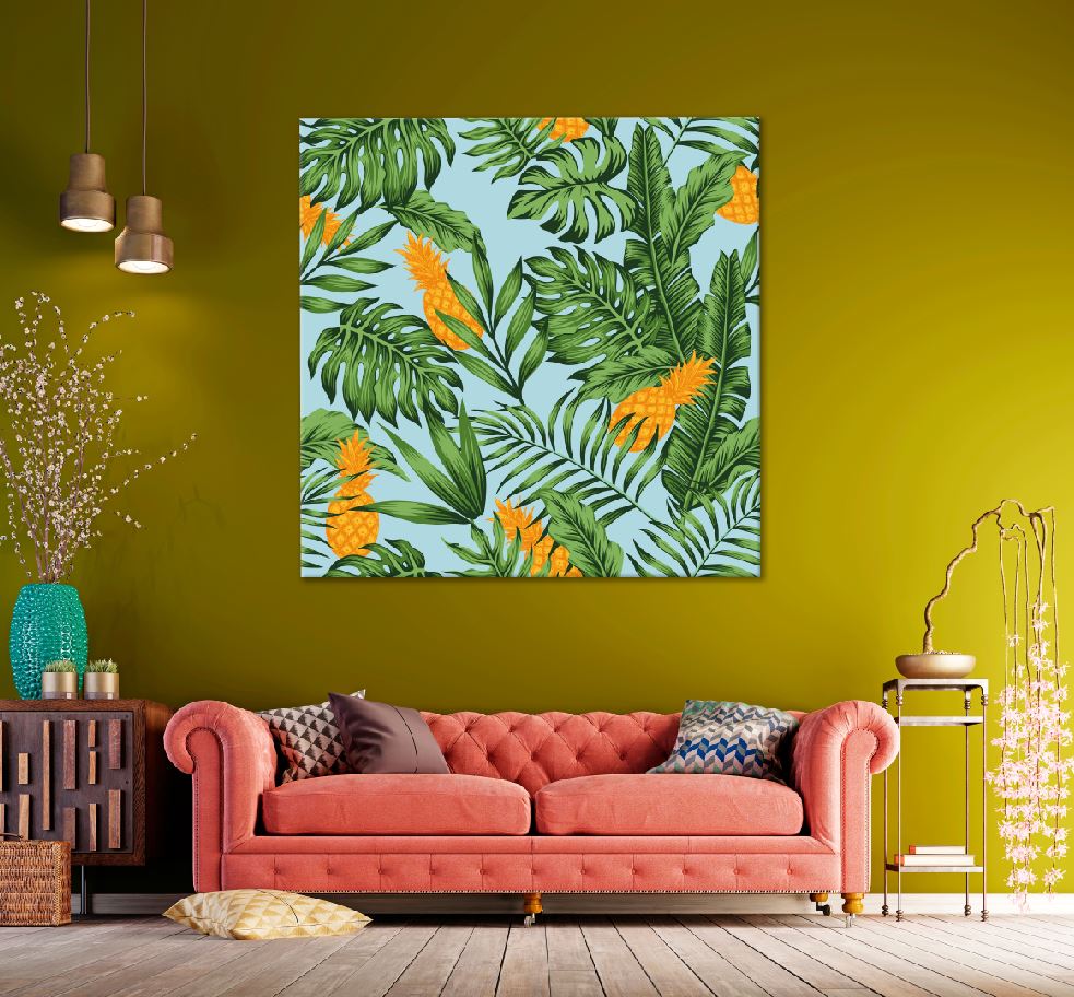 Square Canvas Pineapple & Leaves Vector Art High Quality Print 100% Australian Made