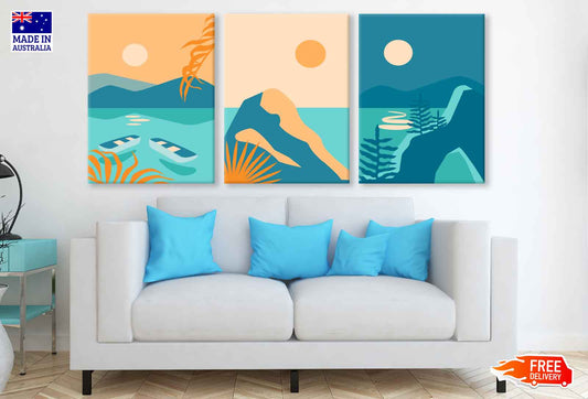 3 Set of Boat near Mountain Vector Illustration High Quality Print 100% Australian Made Wall Canvas Ready to Hang