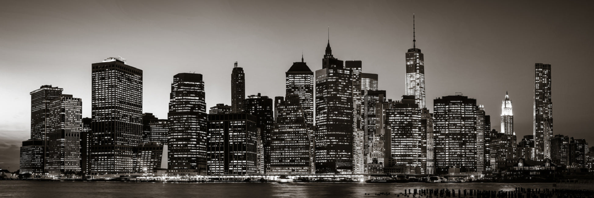 Panoramic Canvas Manhattan City Night B&W View Photograph High Quality 100% Australian Made Wall Canvas Print Ready to Hang