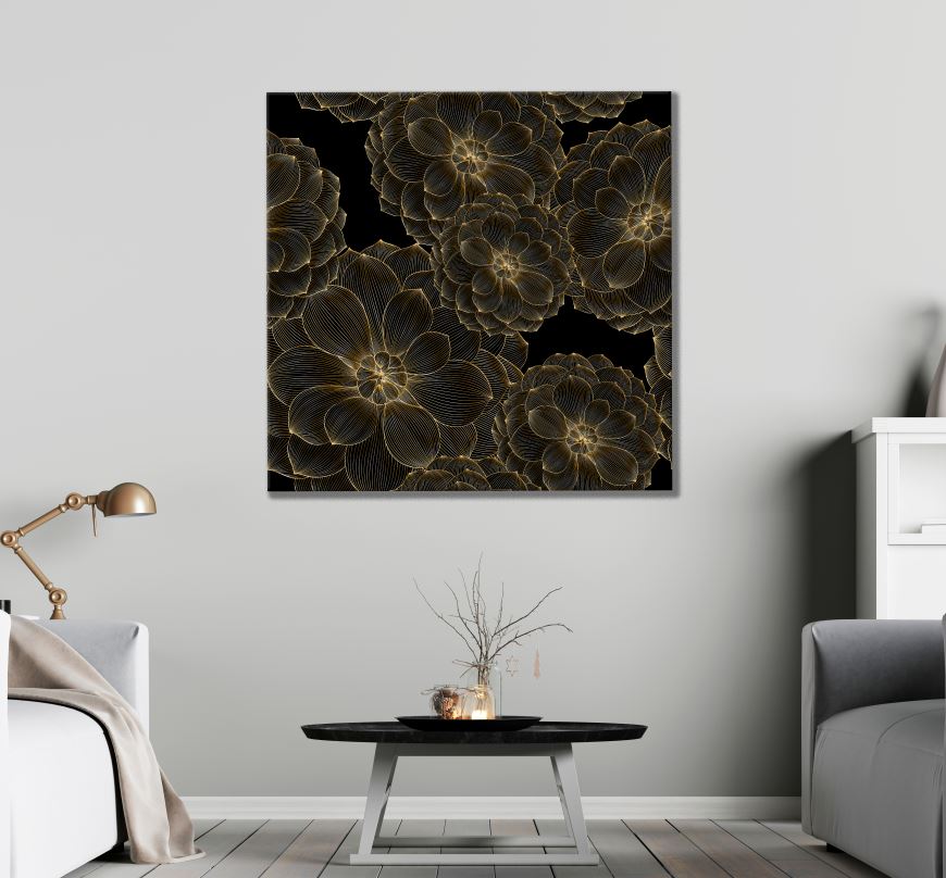 Square Canvas Gold Black Floral Design High Quality Print 100% Australian Made