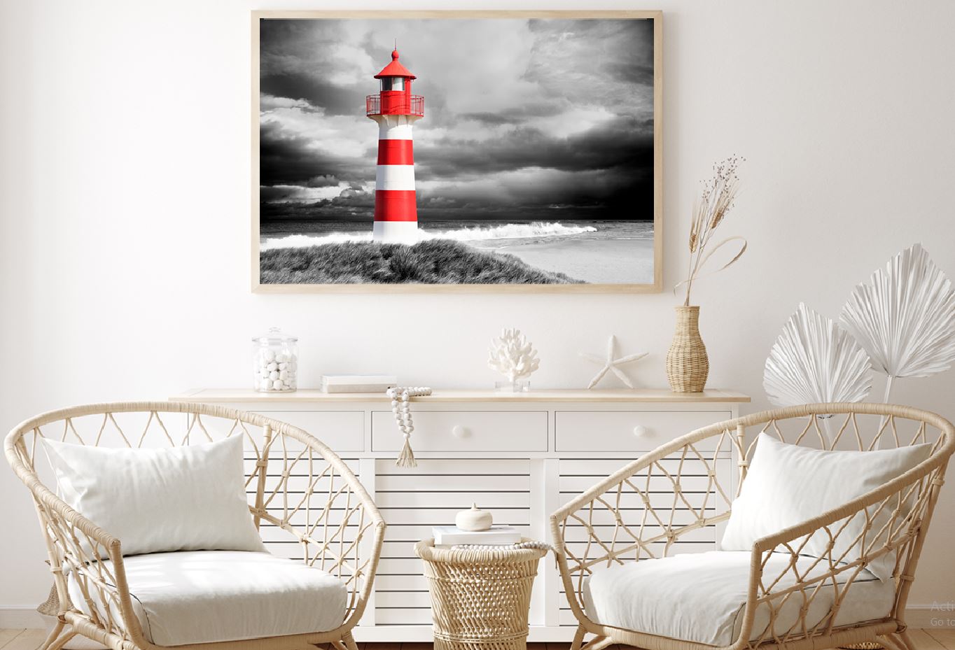 White Red Lighthouse near Sea B&W Photograph Home Decor Premium Quality Poster Print Choose Your Sizes