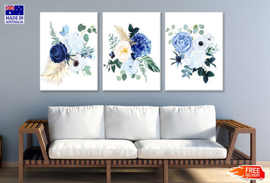 3 Set of Blue White Floral Art High Quality Print 100% Australian Made Wall Canvas Ready to Hang