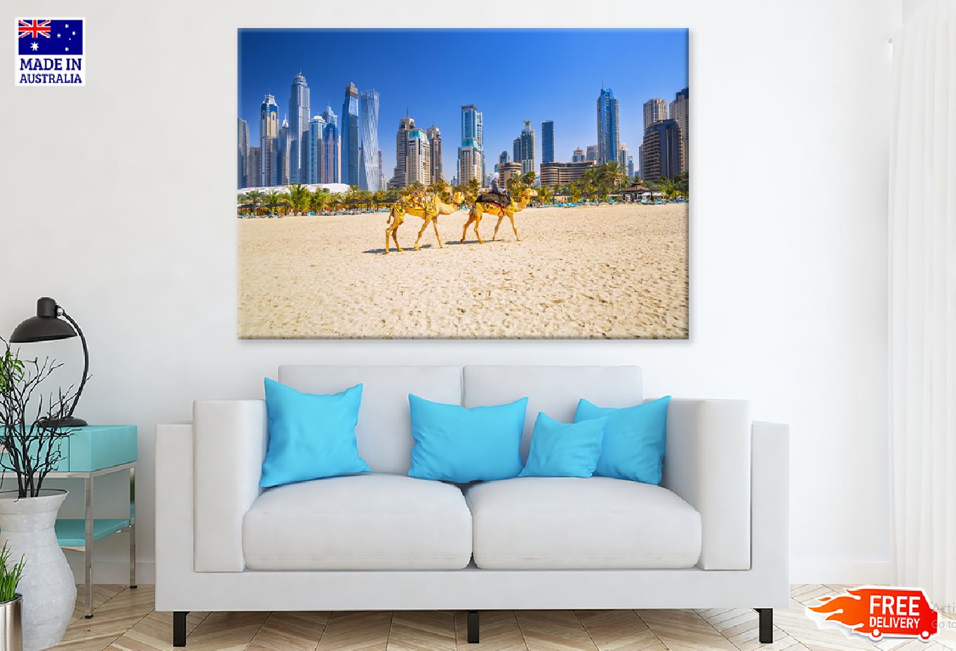 Camels on Jumeirah Sea Photograph in Dubai Print 100% Australian Made