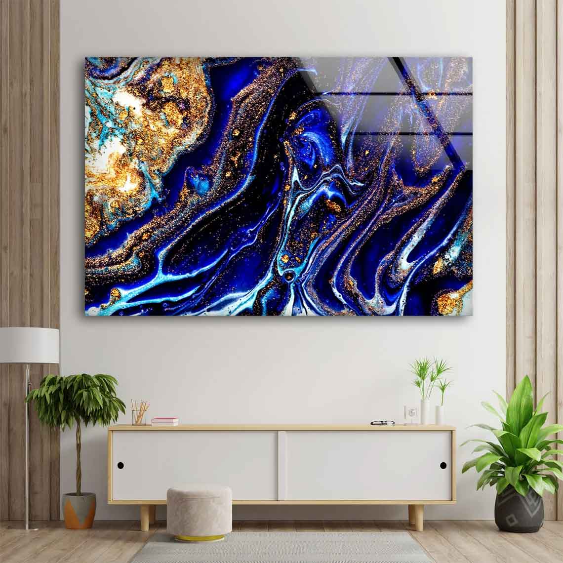 Blue Gold & White Abstract Design Acrylic Glass Print Tempered Glass Wall Art 100% Made in Australia Ready to Hang