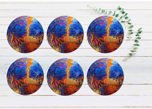 Forest & Sunset Painting Coasters Wood & Rubber - Set of 6 Coasters