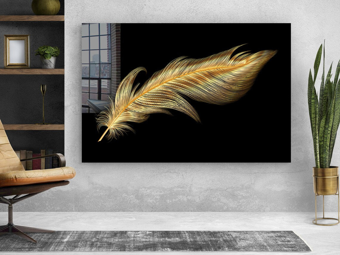 Dark Golden Feather Print Tempered Glass Wall Art 100% Made in Australia Ready to Hang