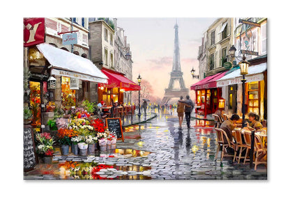 Eiffel Tower & Street View Oil Painting Wall Art High Quality Print Stretched Canvas None