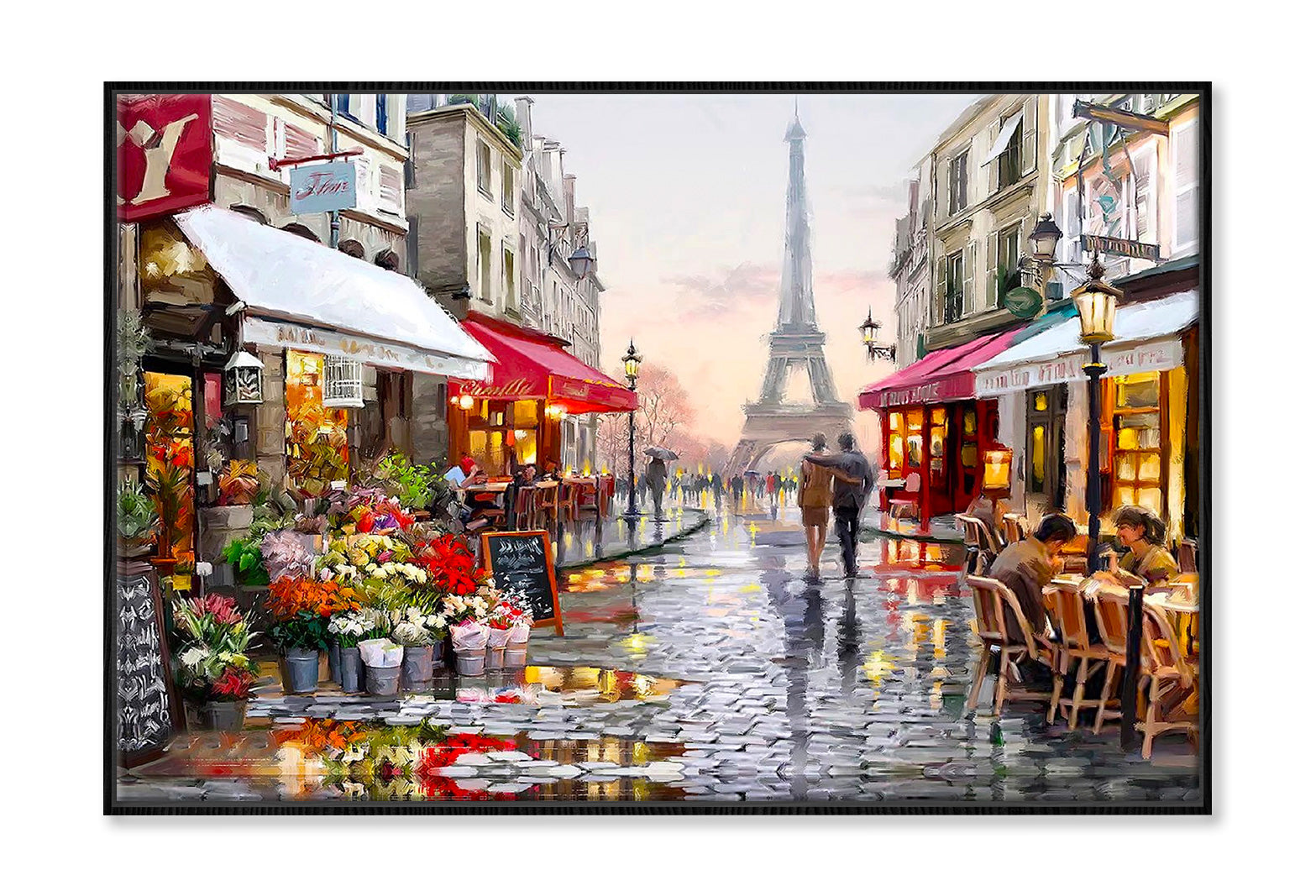 Eiffel Tower & Street View Oil Painting Wall Art High Quality Print Canvas Box Framed Black