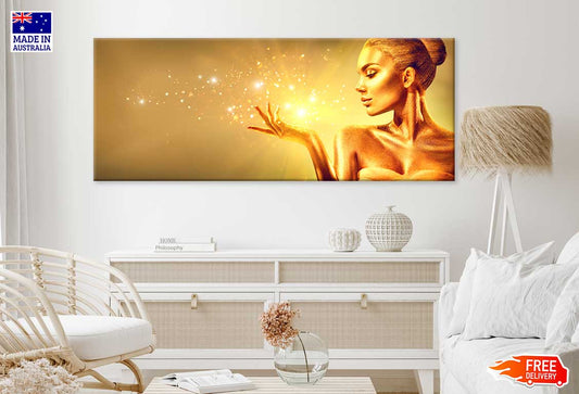 Panoramic Canvas Golden Makeup Girl High Quality 100% Australian Made Wall Canvas Print Ready to Hang