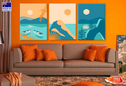 3 Set of Boat near Mountain Vector Illustration High Quality Print 100% Australian Made Wall Canvas Ready to Hang