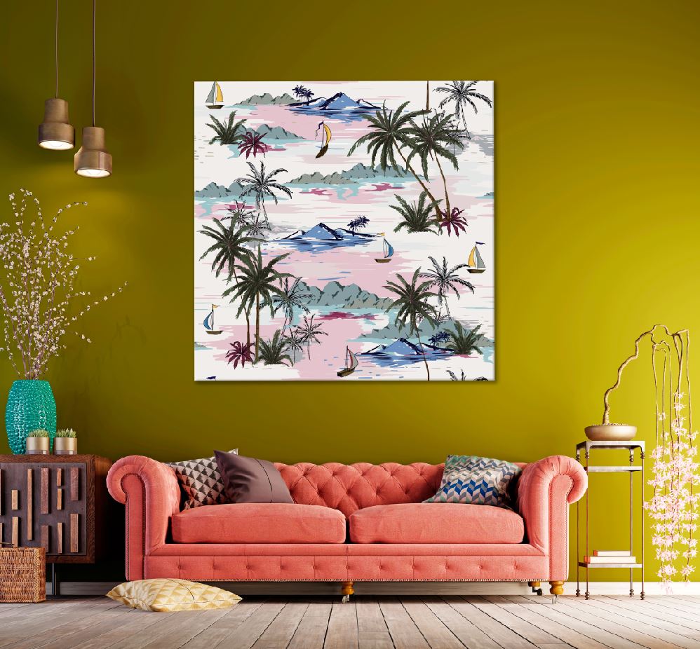 Square Canvas Palm Trees & Boats Sea Vector Art High Quality Print 100% Australian Made