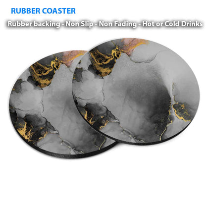 Black Grey Gold Splash Abstract Coasters Wood & Rubber - Set of 6 Coasters