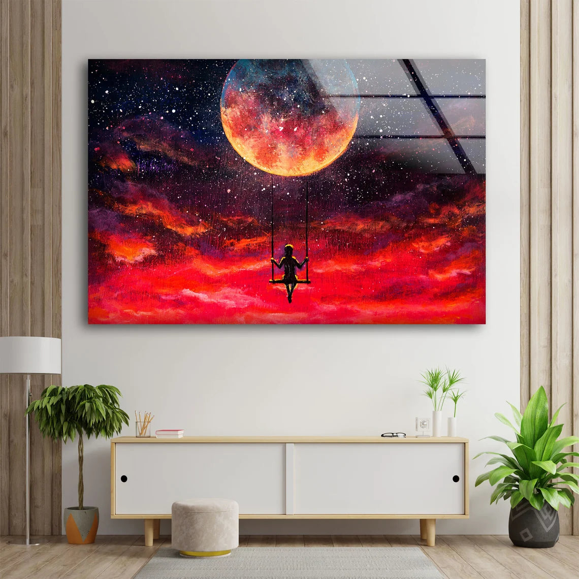 Girl on Swings Red Sky with Moon Painting Acrylic Glass Print Tempered Glass Wall Art 100% Made in Australia Ready to Hang