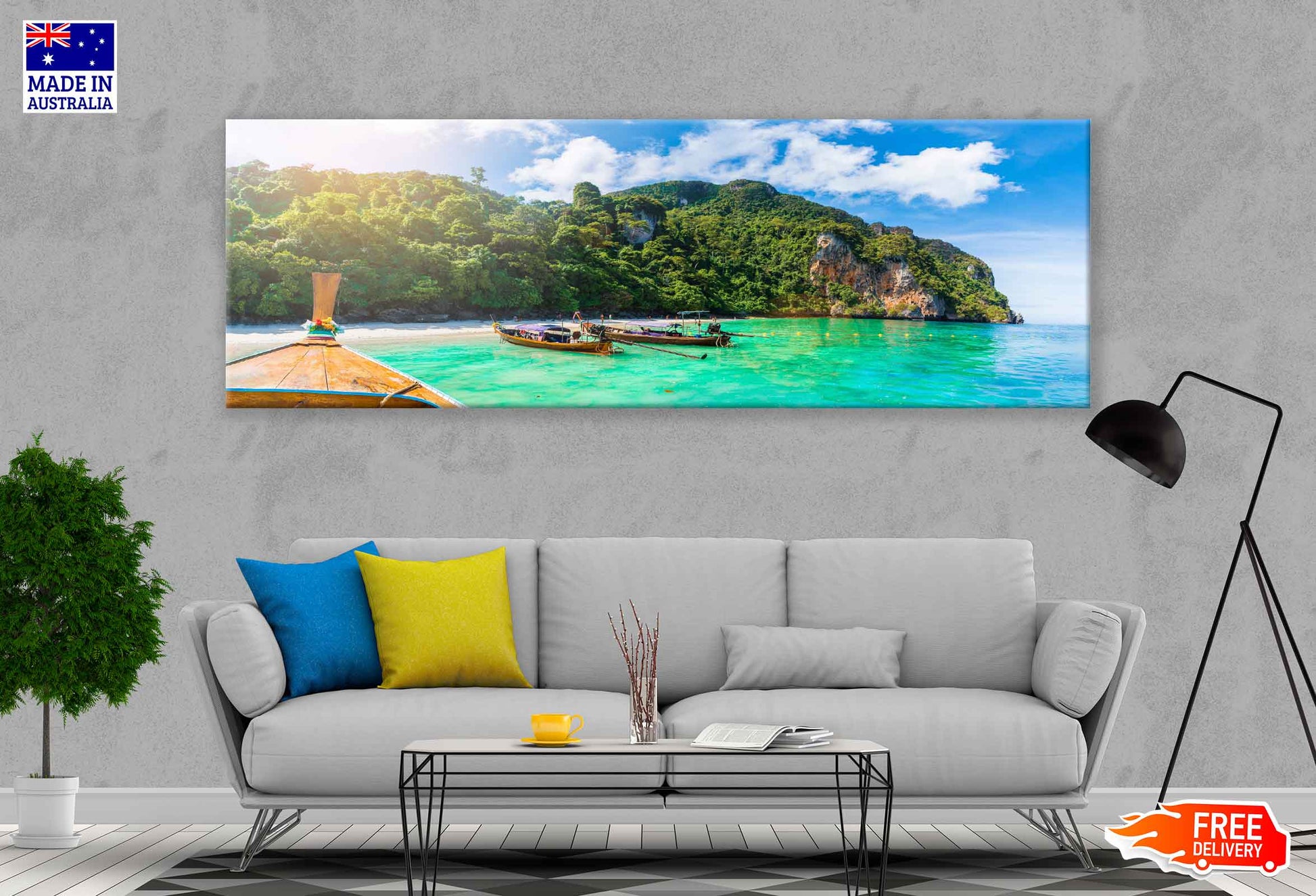 Panoramic Canvas Boats on Monkey Sea Island Photograph High Quality 100% Australian Made Wall Canvas Print Ready to Hang