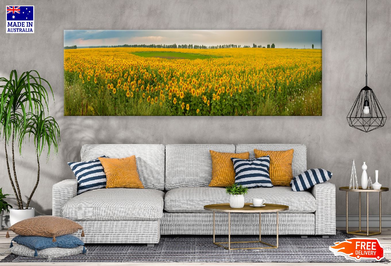 Panoramic Canvas Sunflower Field View Photograph High Quality 100% Australian Made Wall Canvas Print Ready to Hang