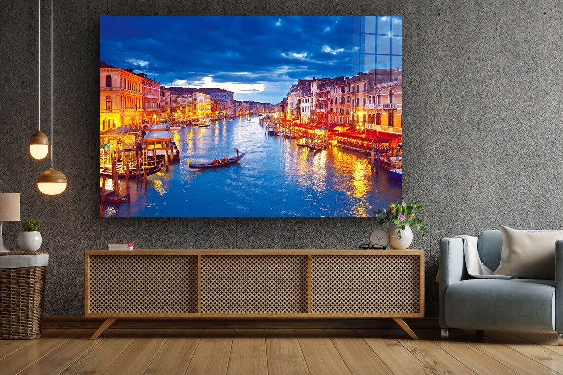 Canal in Italy Night Print Tempered Glass Wall Art 100% Made in Australia Ready to Hang