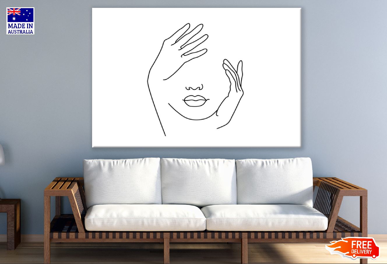 Woman Face With Hand B&W Line Art Design Print 100% Australian Made