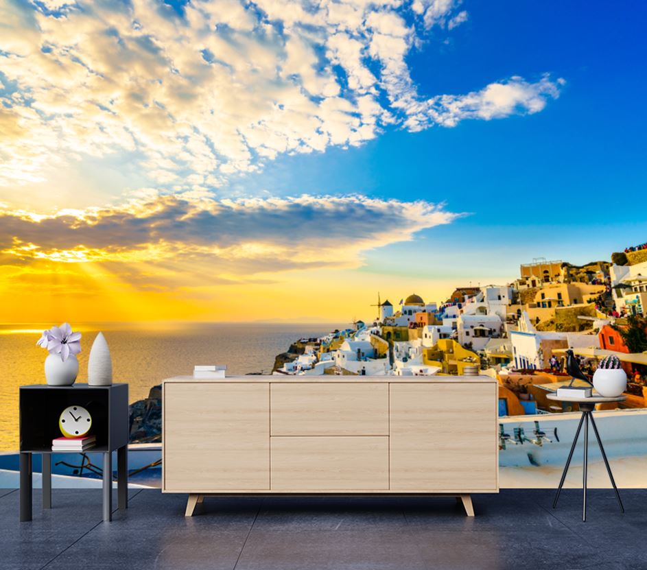 Wallpaper Murals Peel and Stick Removable Old town of Oia Village at Sunset, Santorini Island, Greece High Quality