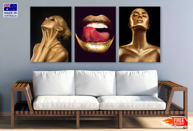 3 Set of Gold Skin Makeup Girl & Lips High Quality Print 100% Australian Made Wall Canvas Ready to Hang