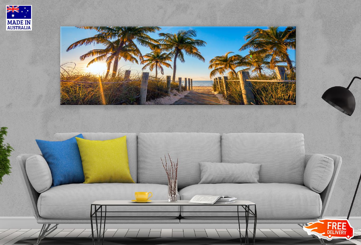 Panoramic Canvas Sea Pathway & Palm Trees Sunset Photograph High Quality 100% Australian Made Wall Canvas Print Ready to Hang