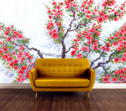 Wallpaper Murals Peel and Stick Removable The Bright Red Flowers & Lush Green Foliage Watercolor Painting High Quality