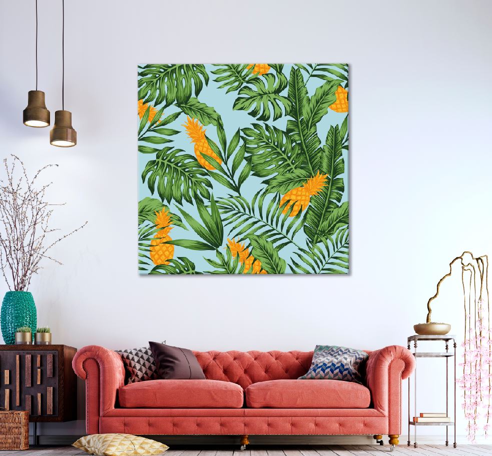 Square Canvas Pineapple & Leaves Vector Art High Quality Print 100% Australian Made