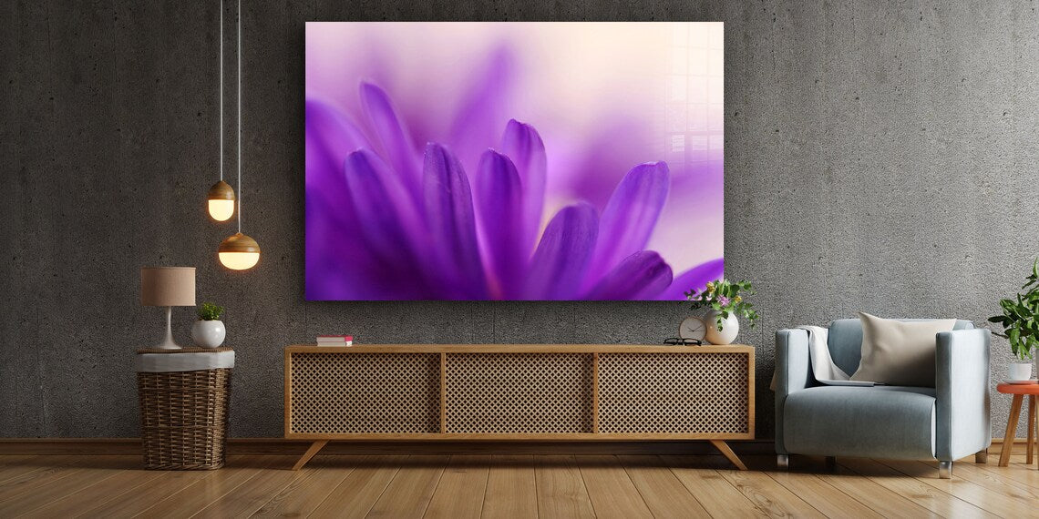 Purple Flower Petals Print Tempered Glass Wall Art 100% Made in Australia Ready to Hang