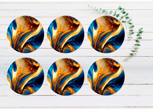 Gold & Blue Abstract Coasters Wood & Rubber - Set of 6 Coasters
