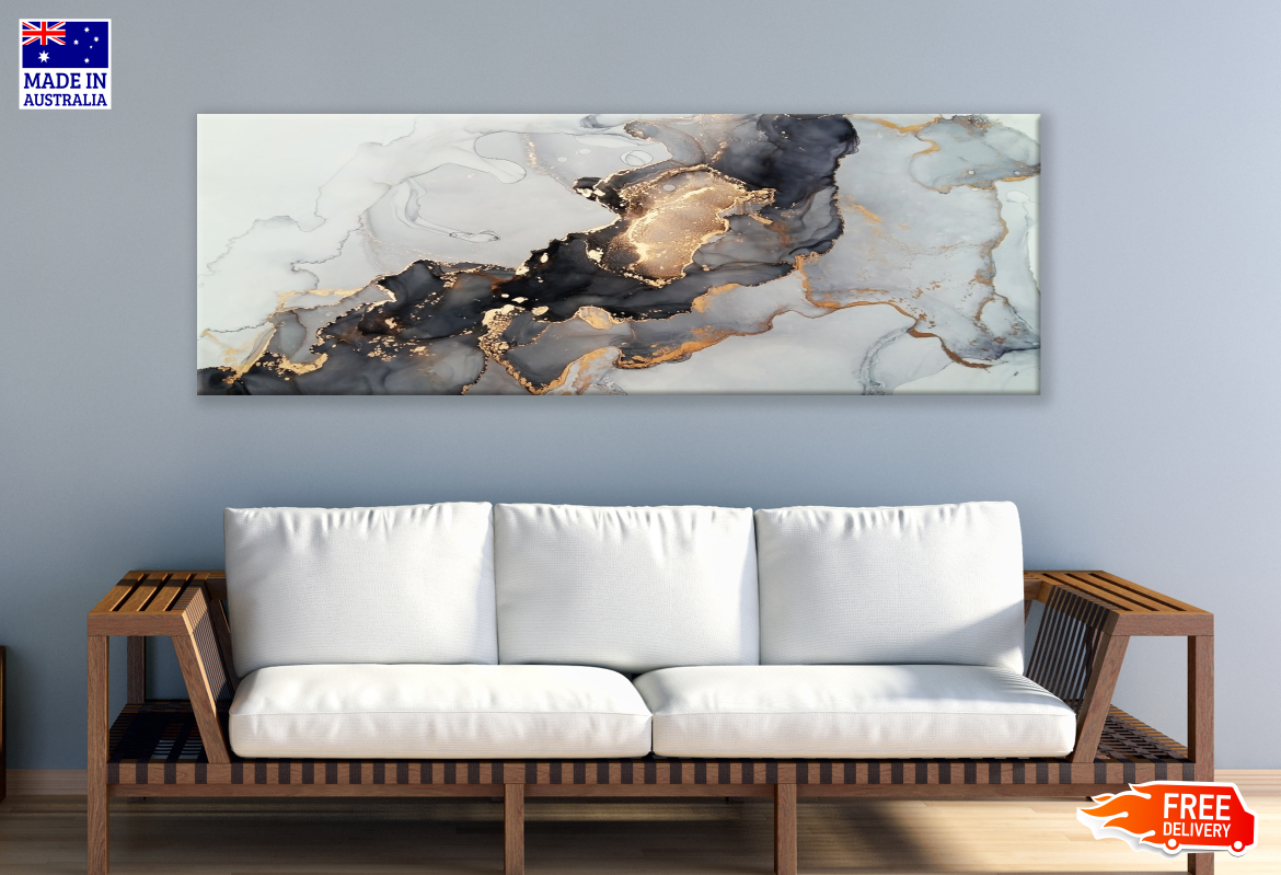 Panoramic Canvas Black & Gold Abstract High Quality 100% Australian made wall Canvas Print ready to hang