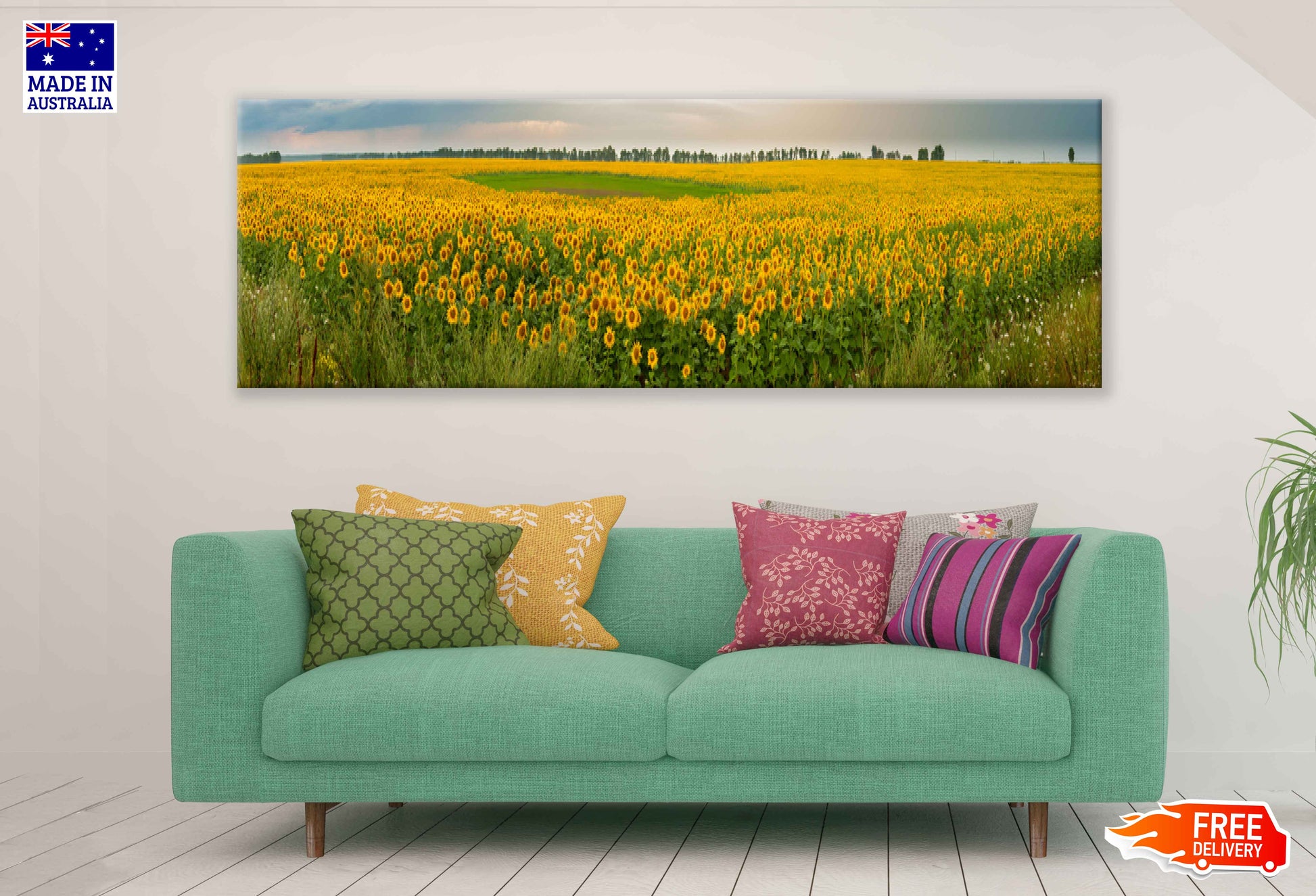 Panoramic Canvas Sunflower Field View Photograph High Quality 100% Australian Made Wall Canvas Print Ready to Hang