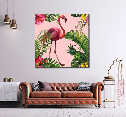Square Canvas Flamingo Bird in Forest Painting High Quality Print 100% Australian Made